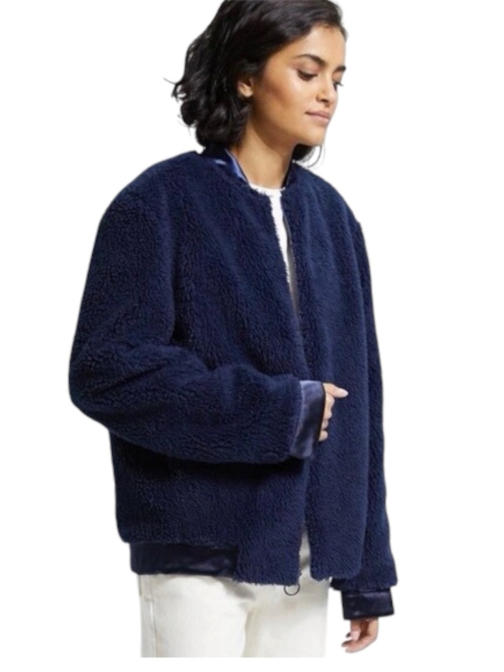 Theory Reversible Bomber Jacket 2.0 Navy Blue Small Satin Sherling